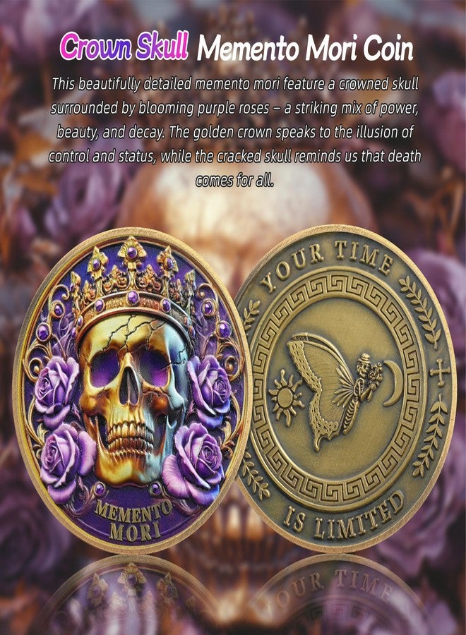 IELCJJ Crown Skull Memento Mori Coin - Purple Rose Stoic Challenge Coin - Novelty EDC Amor Fati Token Medallions for Daily Stoic Practice - Inspirational Momento Mori Stoicism Gifts for Men Women Kids - Image 2